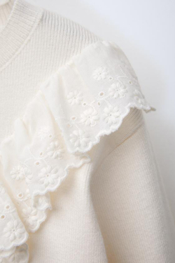 ZARA СВИТЕР С КРУЖЕВОМ И ВЫШИВКОЙ, ЭКРЮ