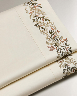 Zara Home - Простыня из атласа с вышитыми листьями, зеленый, 270x280 см