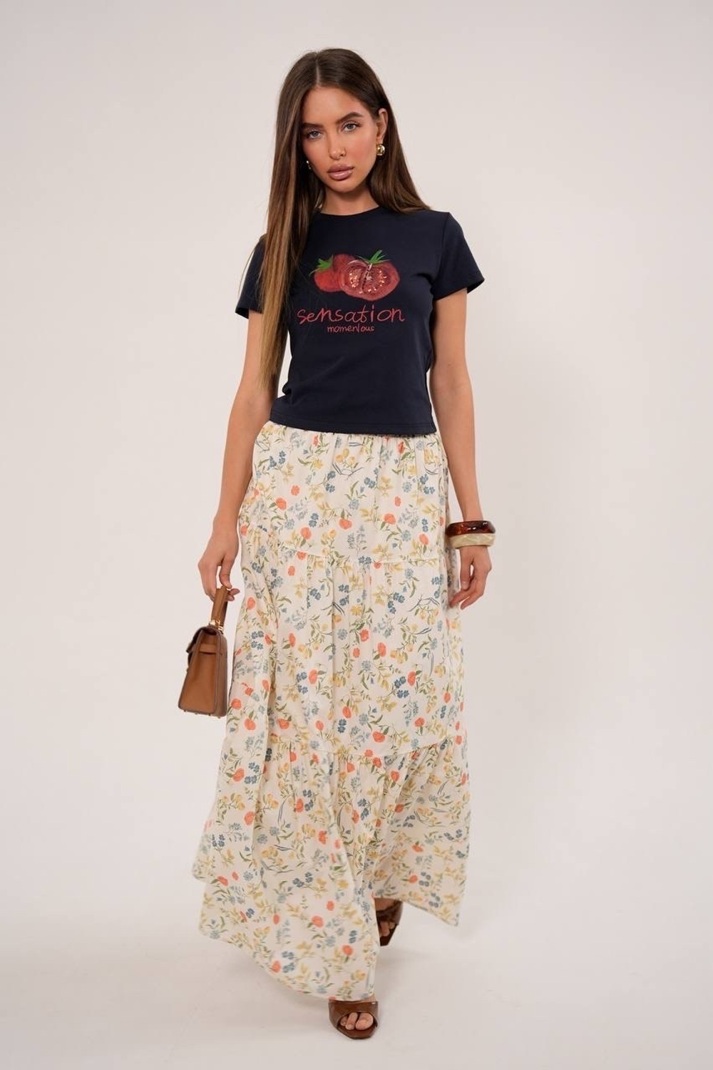 Юбка из хлопка ярусная в мелкий цветочек в макси длине