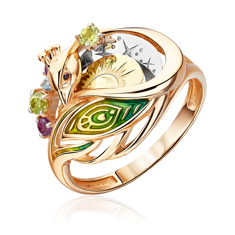 Эксклюзивное кольцо из комбинированного золота c хризолитами, аметистами, топазом и эмалью Артикул: 01-5531-00-221-1140