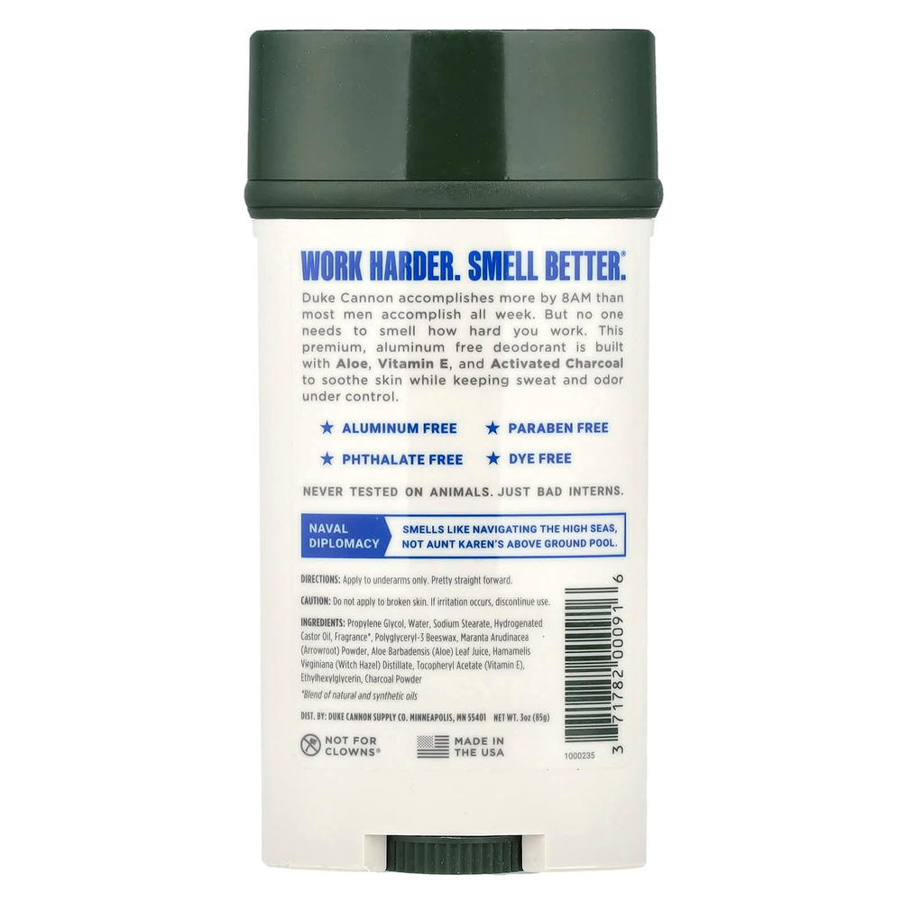 Duke Cannon Supply Co., Дезодорант без алюминия, Naval Diplomacy, бергамот и водный мускус, 85 г (3 унции)