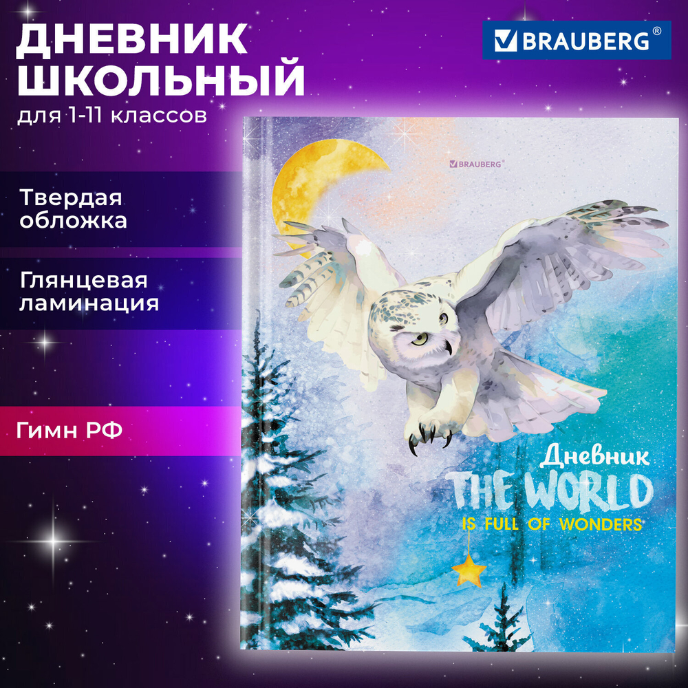 Дневник 1-11 класс 40 л. твердый BRAUBERG глянцевая ламинация "Сова" (6 штук в упаковке)