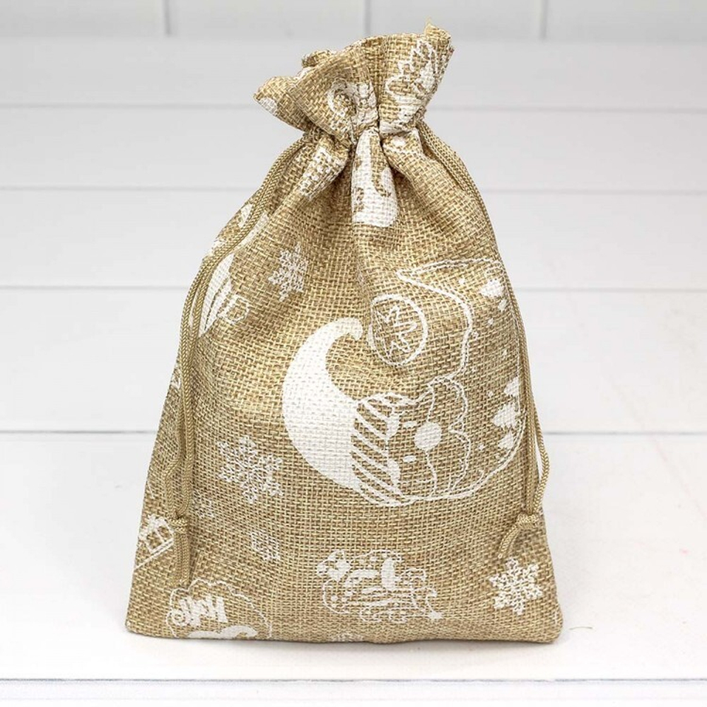 Мешочек 14 х 20 см "Новый год" с рисунком искусственный лен (коричневый)