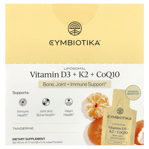 Cymbiotika, липосомальные витамины D3, K2 и коэнзим Q10, мандарин, 28 пакетиков по 5 мл (0,17 жидк. унции)