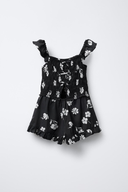 ZARA КОРОТКИЙ КОМБИНЕЗОН С ЦВЕТОЧНЫМ ПРИНТОМ, ЧЕРНЫЙ/ЭКРЮ
