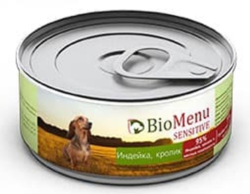 BioMenu SENSETIVE Консервы д/собак с индейка и кроликом  95%-МЯСО 100гр