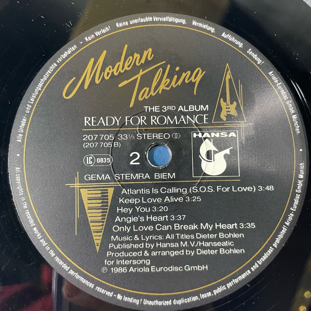 Винтажная виниловая пластинка LP Modern Talking, Ready For Romance (The 3rd Album) (Германия 1986)