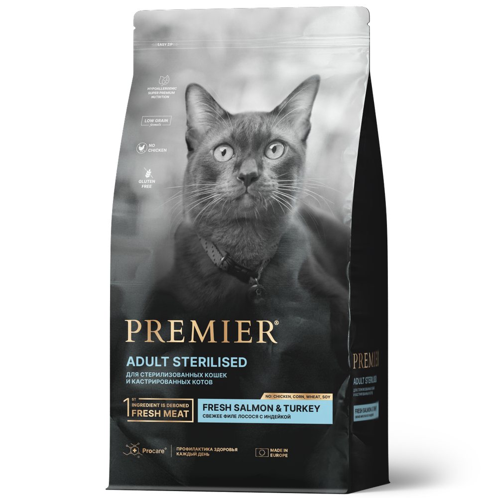 PREMIER 400г Adult Sterilised Fresh Salmon &amp; Turkey Сухой корм для взрослых Стерилизованных кошек Свежее филе Лосося с индейкой