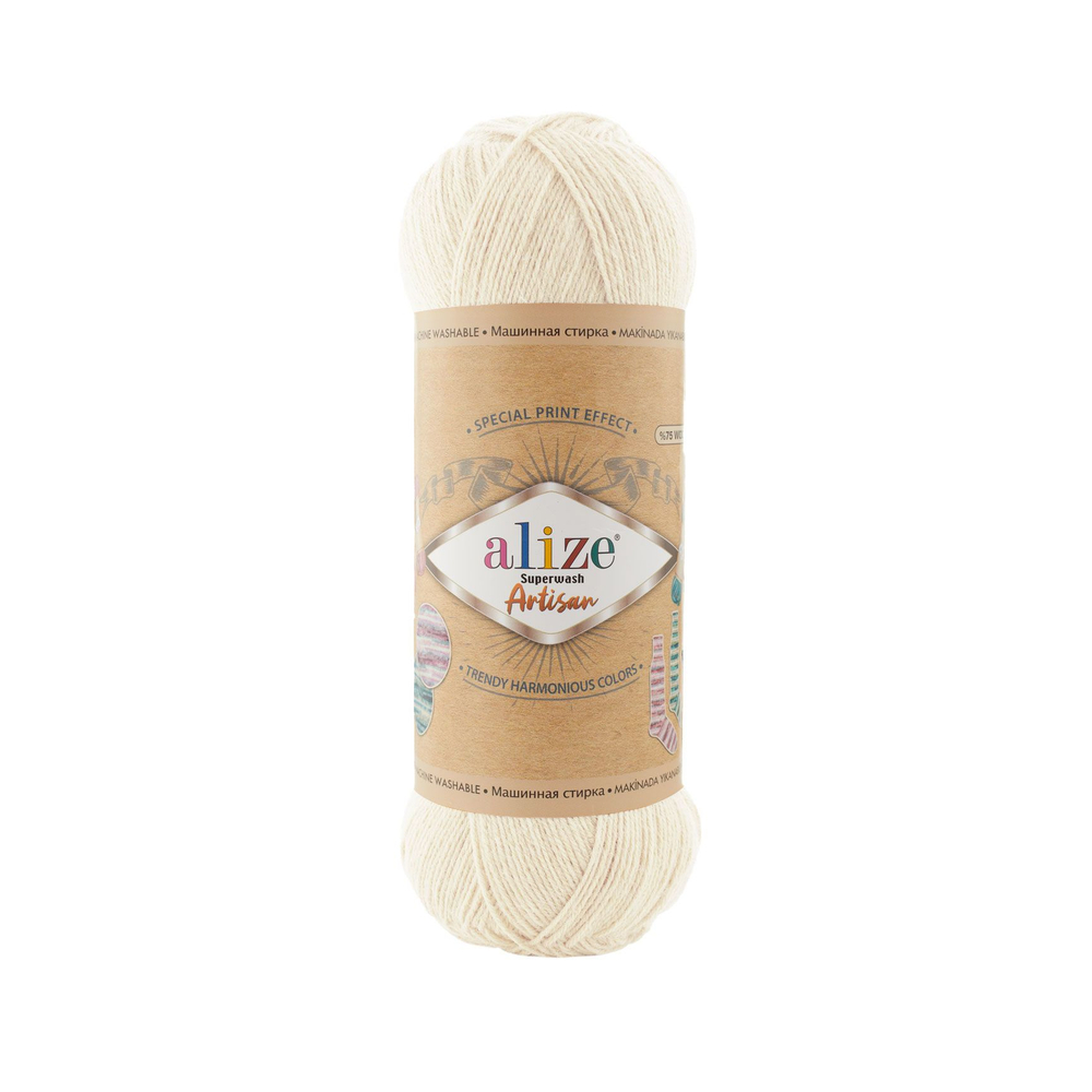 Суперваш артисан (Superwash artisan) пряжа Alize 75%шерсть 25%полиамид 5х100г/420м 01 кремовый