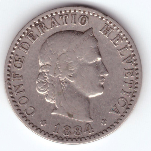 20 раппенов 1884 год. Швейцария. Никель VF-XF