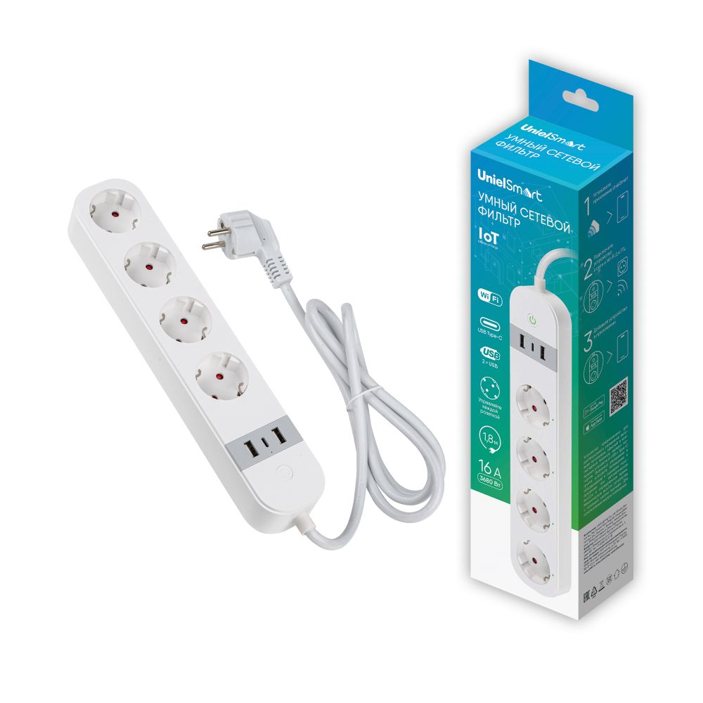 P-GCL4-1.8 A201-UC-WF WHITE Умный сетевой фильтр Wi-Fi. 1.8м Пвс 3х1.5. 4 гнезда. с-з. 2USB+Type-C 5В. 3A. 16A. До 3680Вт. Голосовое управление+приложение UnielSmart. TM Uniel