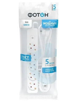 Удлинитель сетевой для розетки ФОТОН выключателем с заземлением, белый ГОСТ