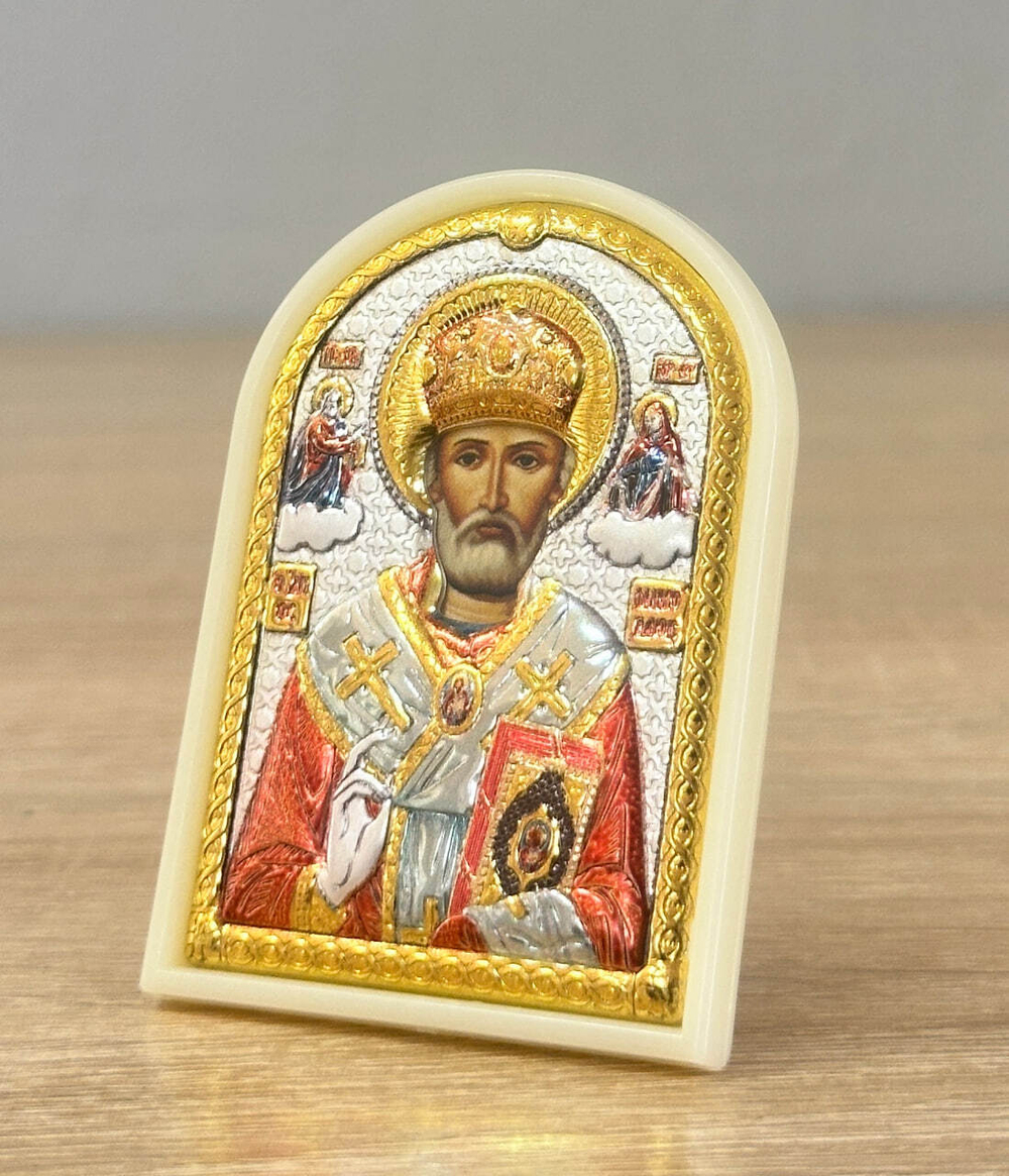 Николай Чудотворец, икона арочная, пластик белый, эмаль 48x68