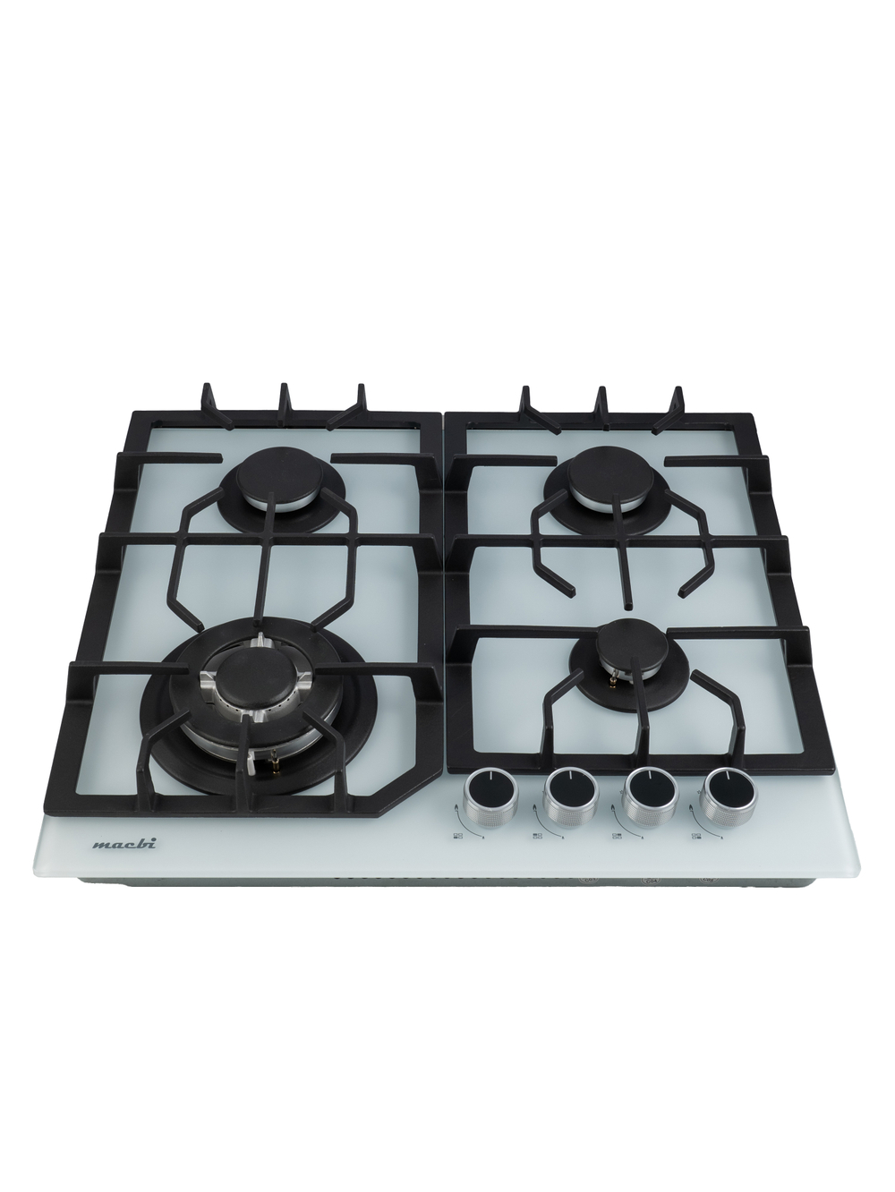 Газовая варочная панель 4 конфорки Nano Glass Белое матовое Закаленное стекло легкой очистки, Wok-конфоркой, Электроподжиг, Газ-контроль, Решетки из чугуна, Macbi MBH64WFGI.V2-NM-WH NanoGlass