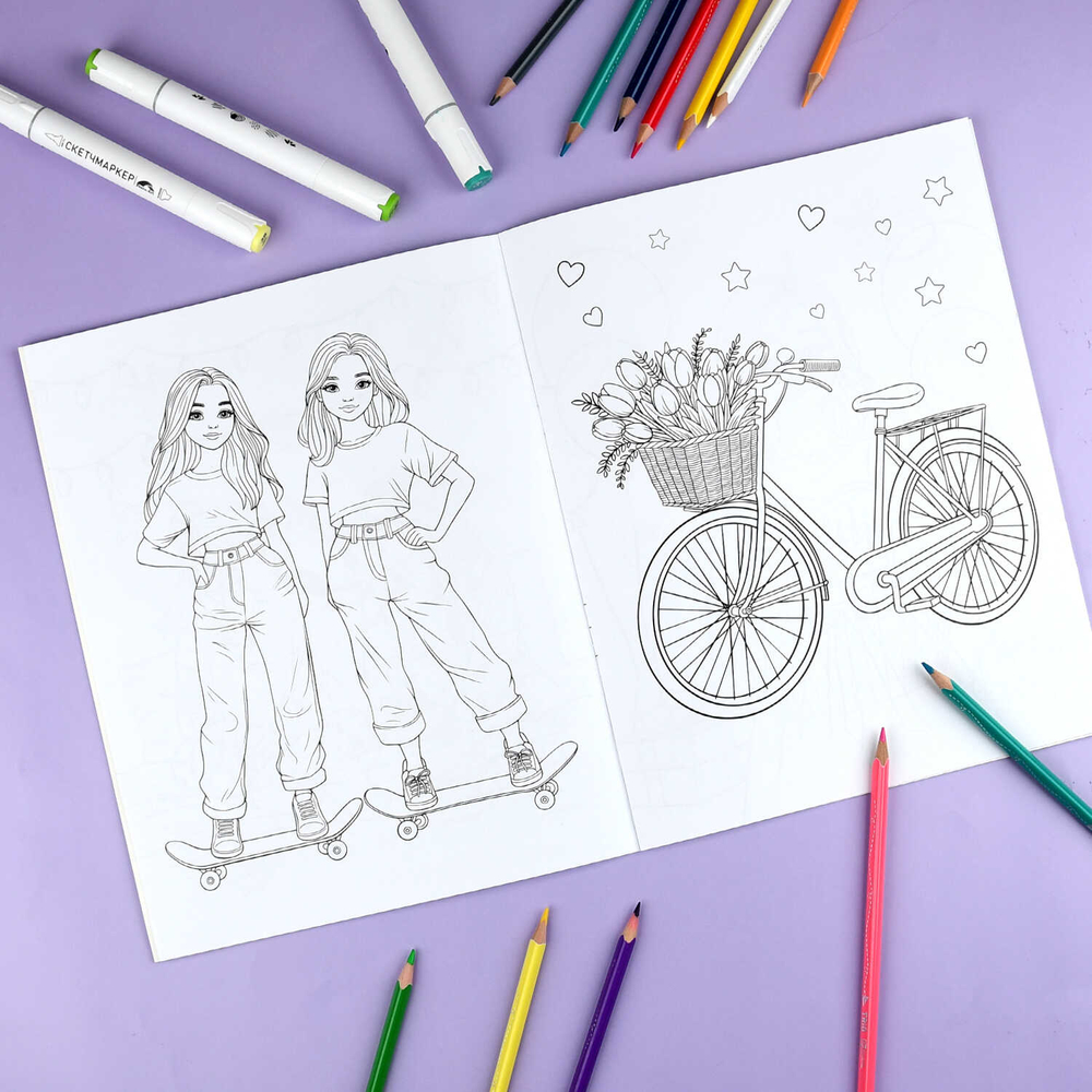 Книжка-раскраска для детей. Серия "Раскраска с наклейками" арт. 72632 ДЛЯ ДЕВОЧЕК /215х280 мм, 8 л., блок - офсет 100 г/м², печать в одну краску, обл - мелованный картон 200 г/м², мягкий переплёт (2 скобы), 2 страницы с наклейками/