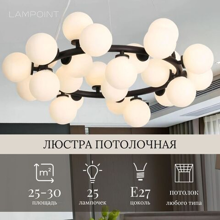 Люстра потолочная черная в гостиную, на кухню, в спальню, в зал и детскую комнату. Люстра шары в скандинавском стиле. Матовые плафоны.Е27
