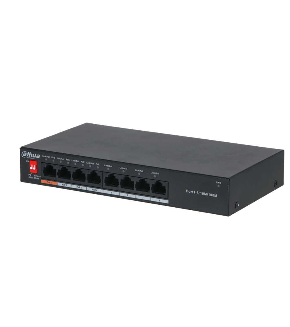 DAHUA 8-портовый неуправляемый коммутатор с РоЕПорты: 4 RJ45 10/100/100Мбит/с (PoE/PoE+/Hi-PoE), 4 RJ45 10/100/100Мбит/с (uplink); мощность PoE: порт 1 до 60Вт, порты 2~4 до 30Вт, суммарно до 60Вт; P