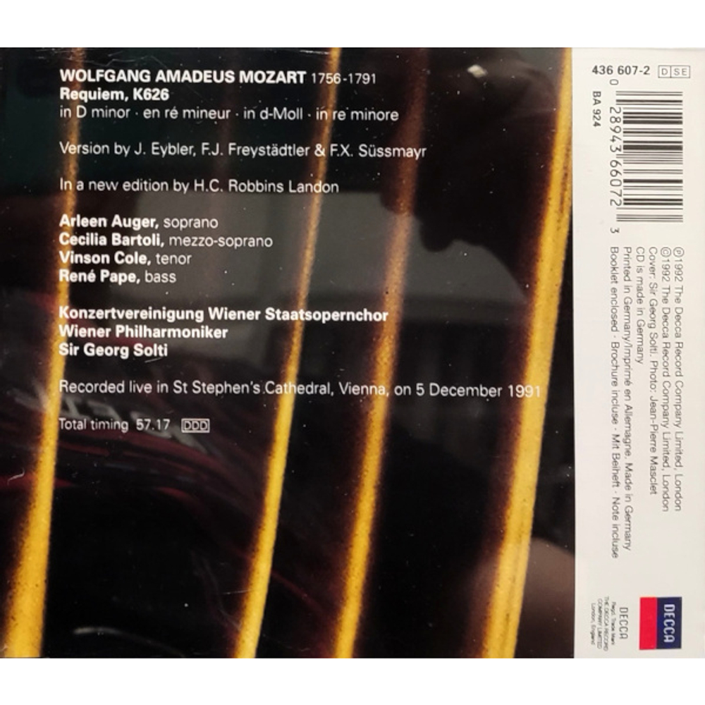 Arleen Auger, Cecilia Bartoli, Vinson Cole, Rene Pape, Wiener Philharmoniker, Sir Georg Solti / Mozart: Requiem (CD)
