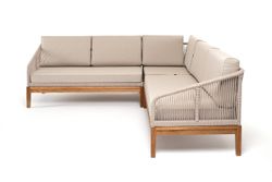 "Канны" диван модульный плетеный из роупа, основание дуб, роуп бежевый круглый, ткань бежевая 052