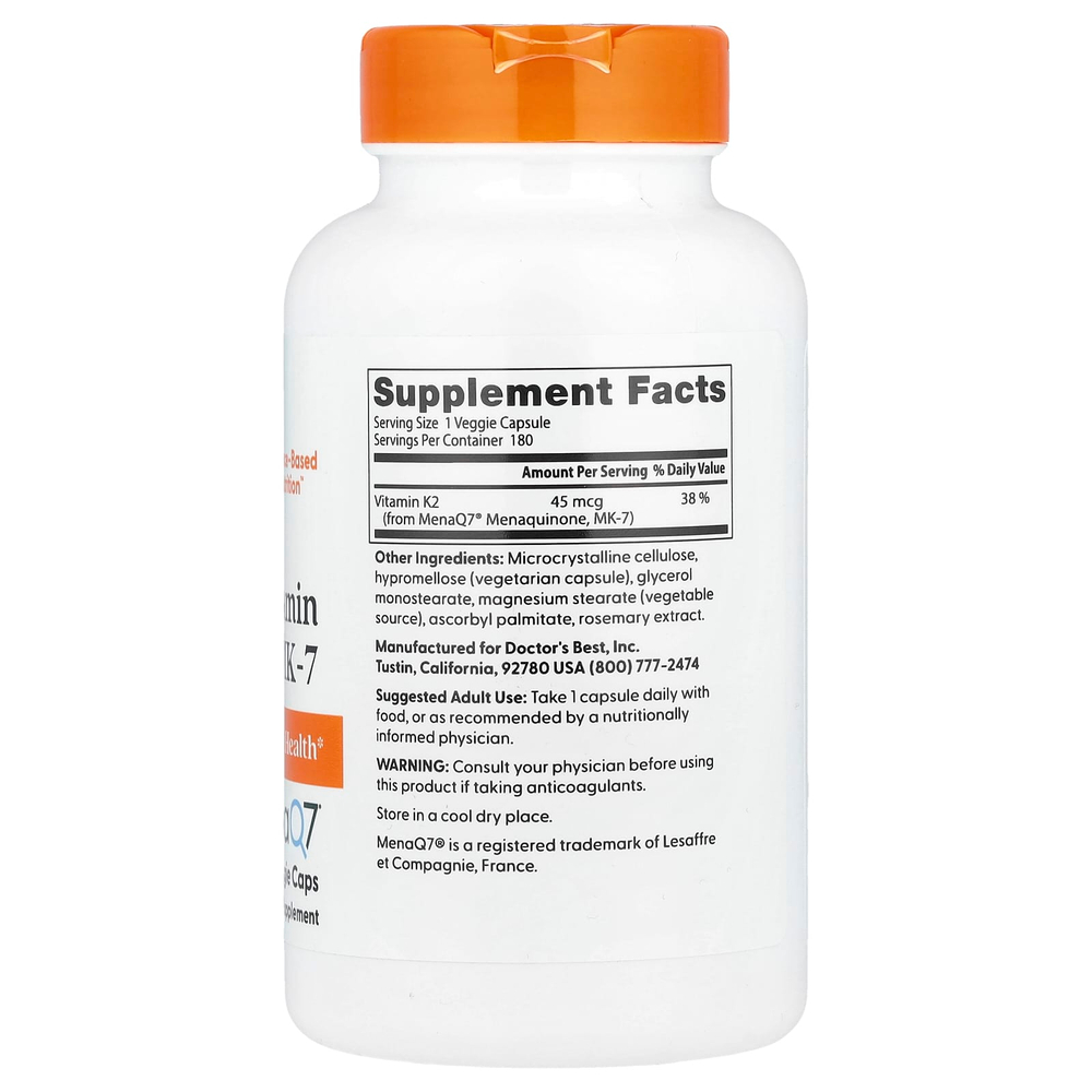 Doctor's Best, натуральный витамин K2 MK-7 с MenaQ7, 45 мкг, 180 вегетарианских капсул