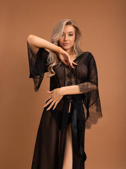 Элегантный пеньюар с отделкой кружевом (L/XL, Черный)