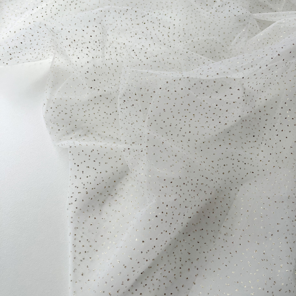 Фатин-сетка Золотые блестки на белом фоне