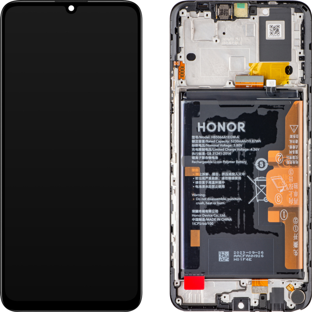 Honor X7a (RKY-LX1) Дисплейный модуль (в сборе с тачскрином и аккумулятором) (в рамке) (ORIG-SP)