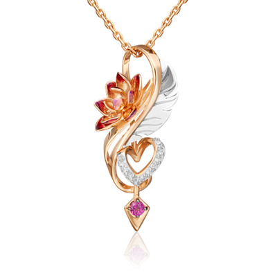 Подвеска «Золотой Лотос» (пожелание любви) из комбинированного золота с гранатом, натуральными топазами white и эмалью