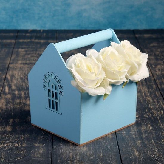 Кашпо деревянное "Домик", голубой