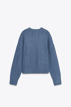 ZARA ДЖЕМПЕР ВЯЗКА КОСИЧКОЙ, СИНИЙ