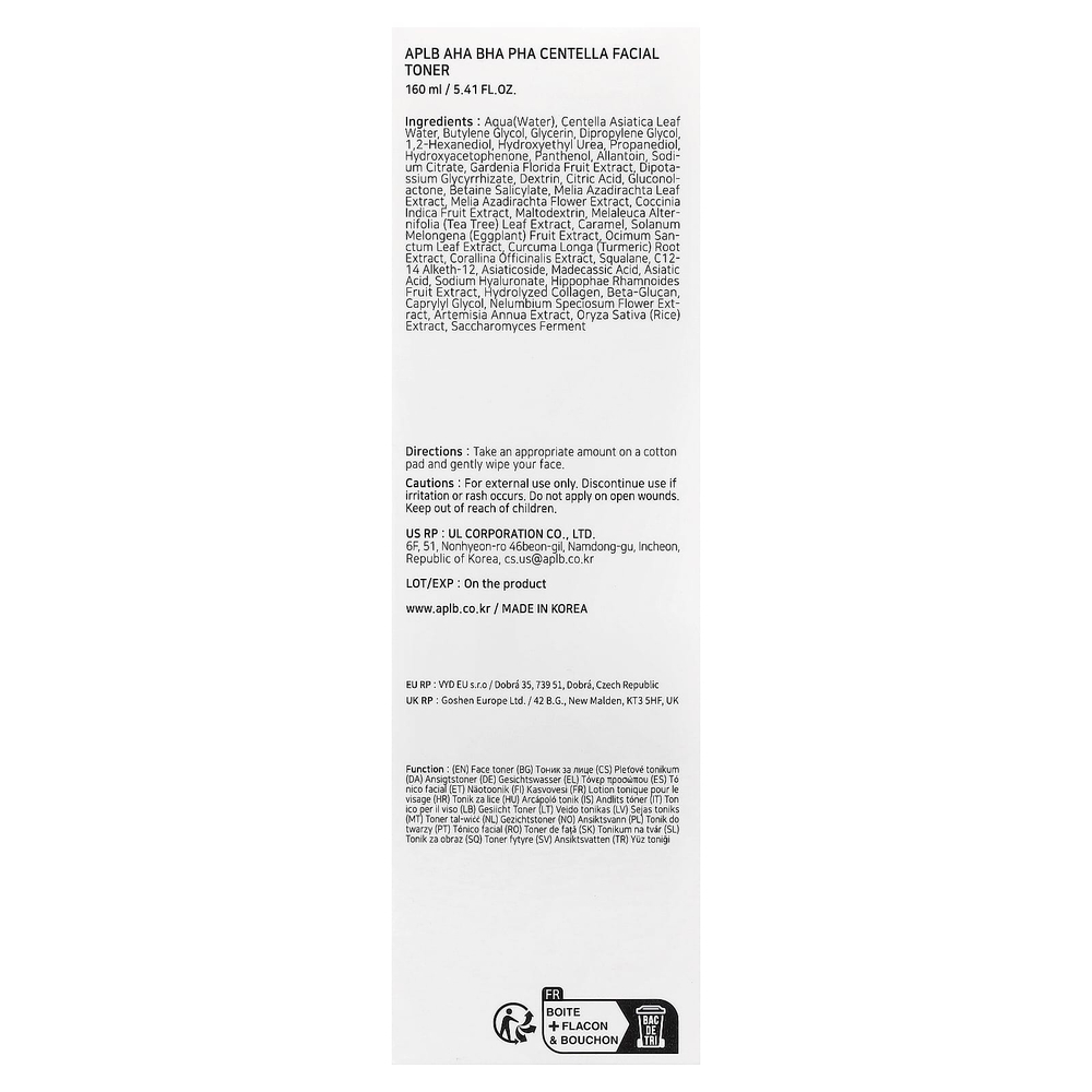 APLB, тоник для лица с готу колой, АГК, БГК и ПГК, 160 мл (5,41 жидк. унции)
