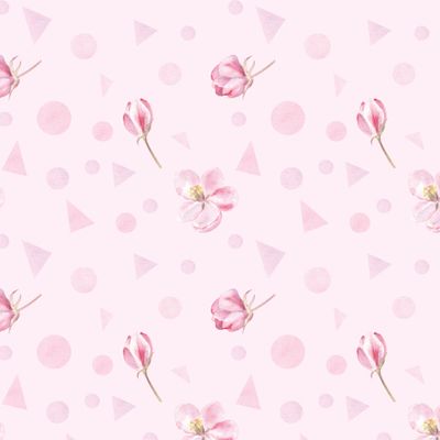 Цветы яблони и геометрические фигуры на розовом