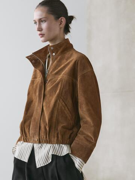 Massimo Dutti Короткий замшевый бомбер, цвет верблюжьей шерсти