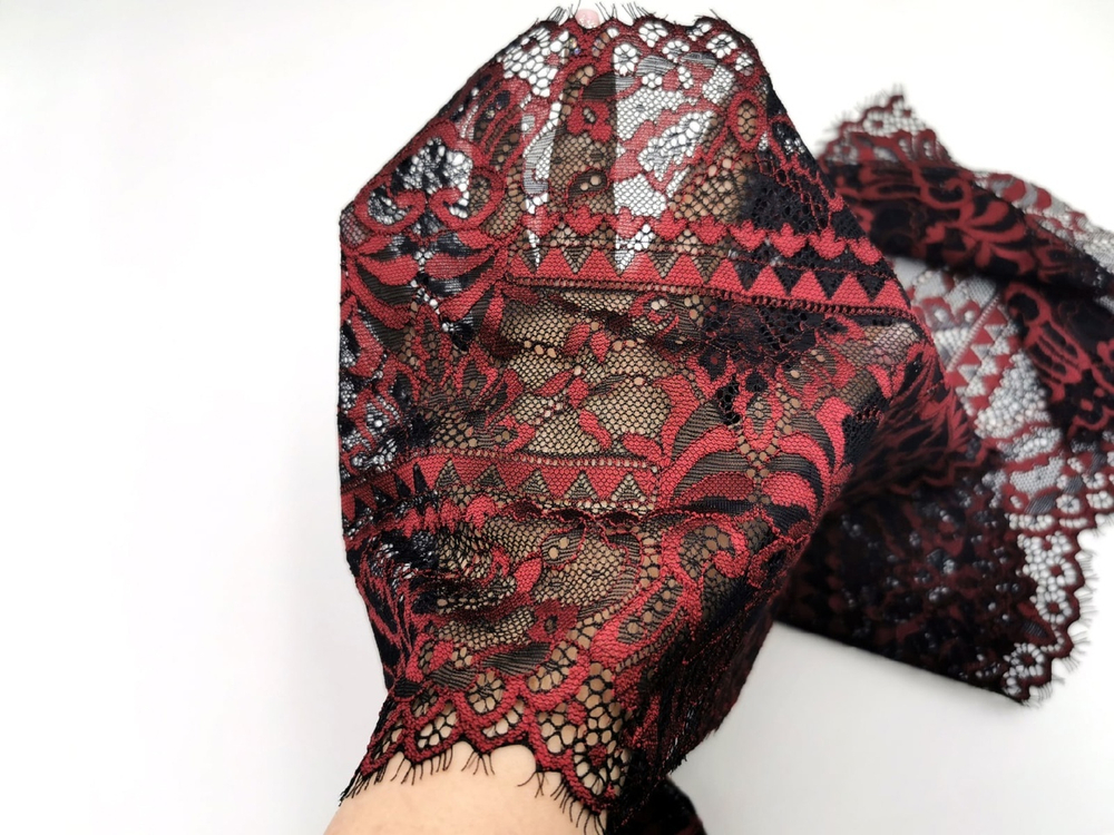 Эластичное кружево, 23 см, черное и винное, м