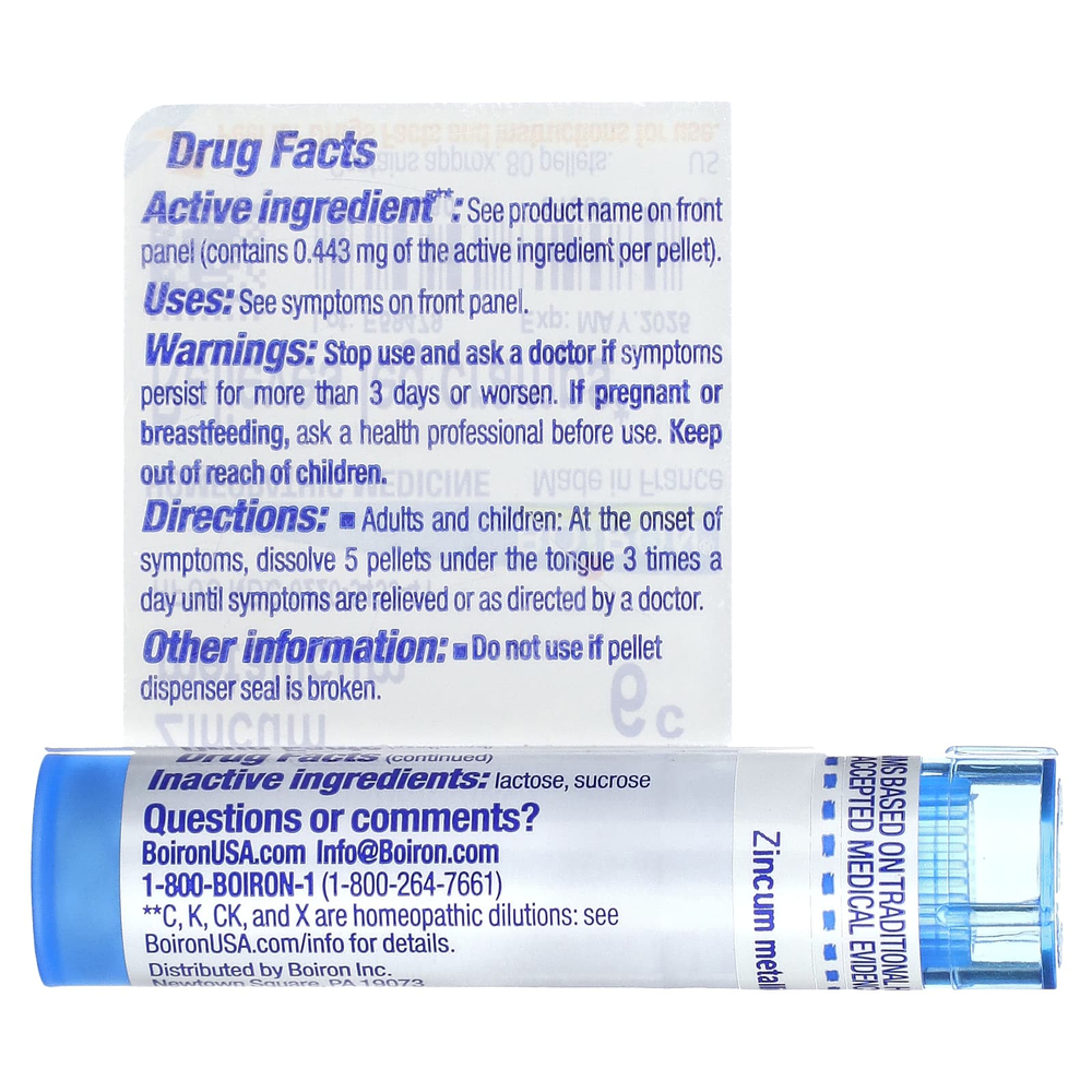 Boiron, Zincum Metallicum, 6C, для облегчения судорог ног, примерно 80 гранул