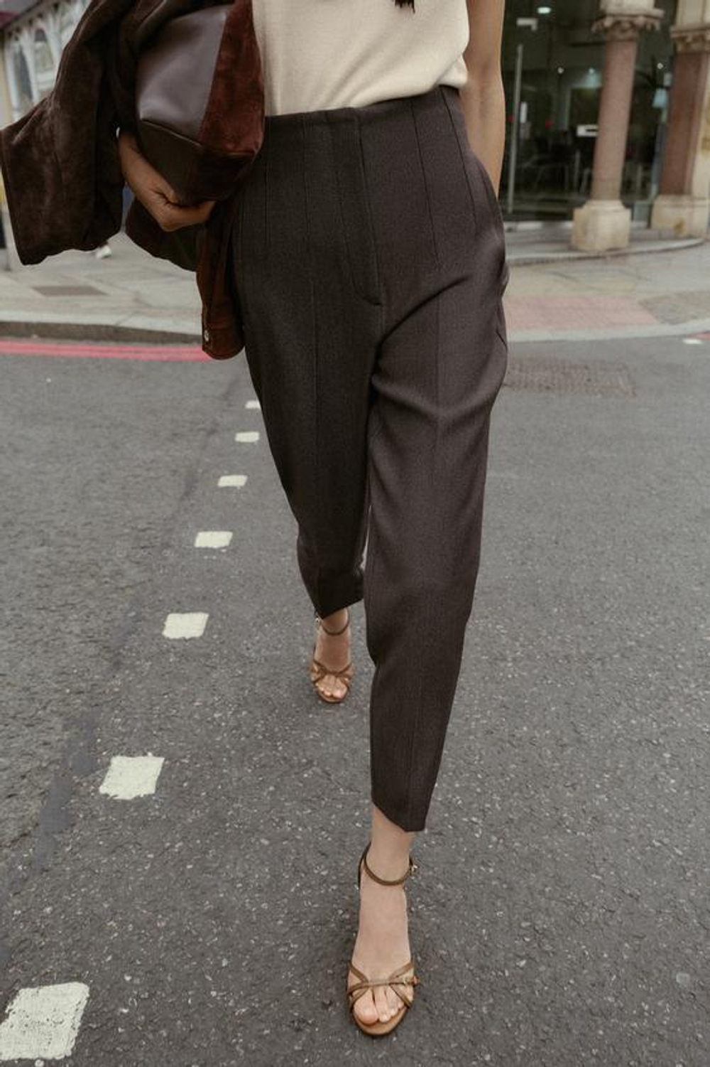 ZARA БРЮКИ С ВЫСОКОЙ ПОСАДКОЙ, КОРИЧНЕВЫЙ МЕЛАНЖ