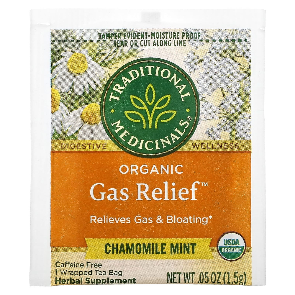 Traditional Medicinals, Organic Gas Relief, ромашка и мята, без кофеина, 16 упакованных чайных пакетиков, 24 г (0,85 унции)
