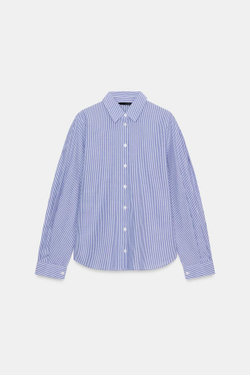 ZARA ХЛОПКОВАЯ РУБАШКА В ПОЛОСКУ, ЭКРЮ/СИНИЙ