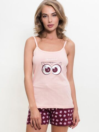 Женская пижама с совой на груди (Размер: L) (Цвет: персиковый)