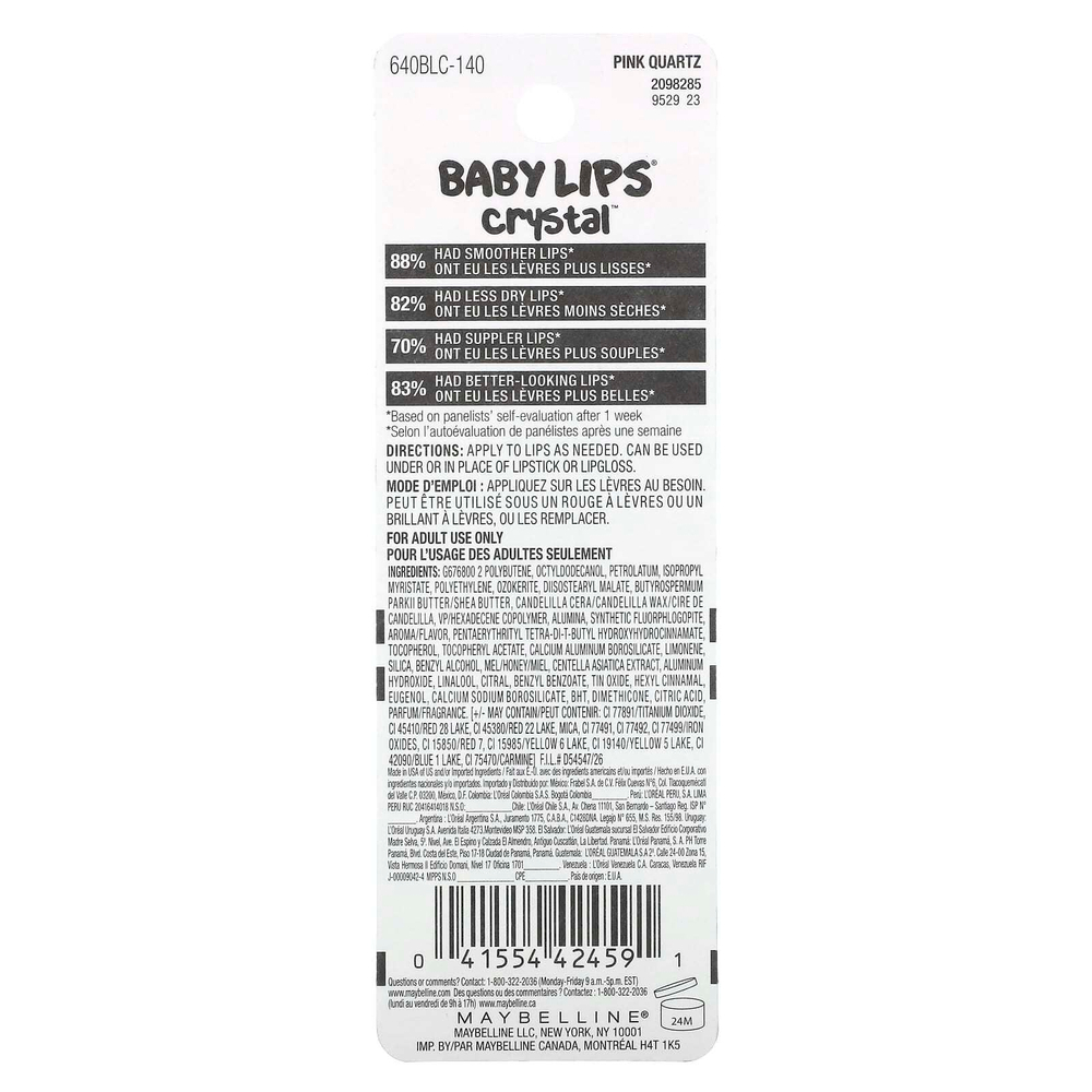 Maybelline, Baby Lips Crystal, увлажняющий бальзам для губ, розовый кварц 140, 4,4 г