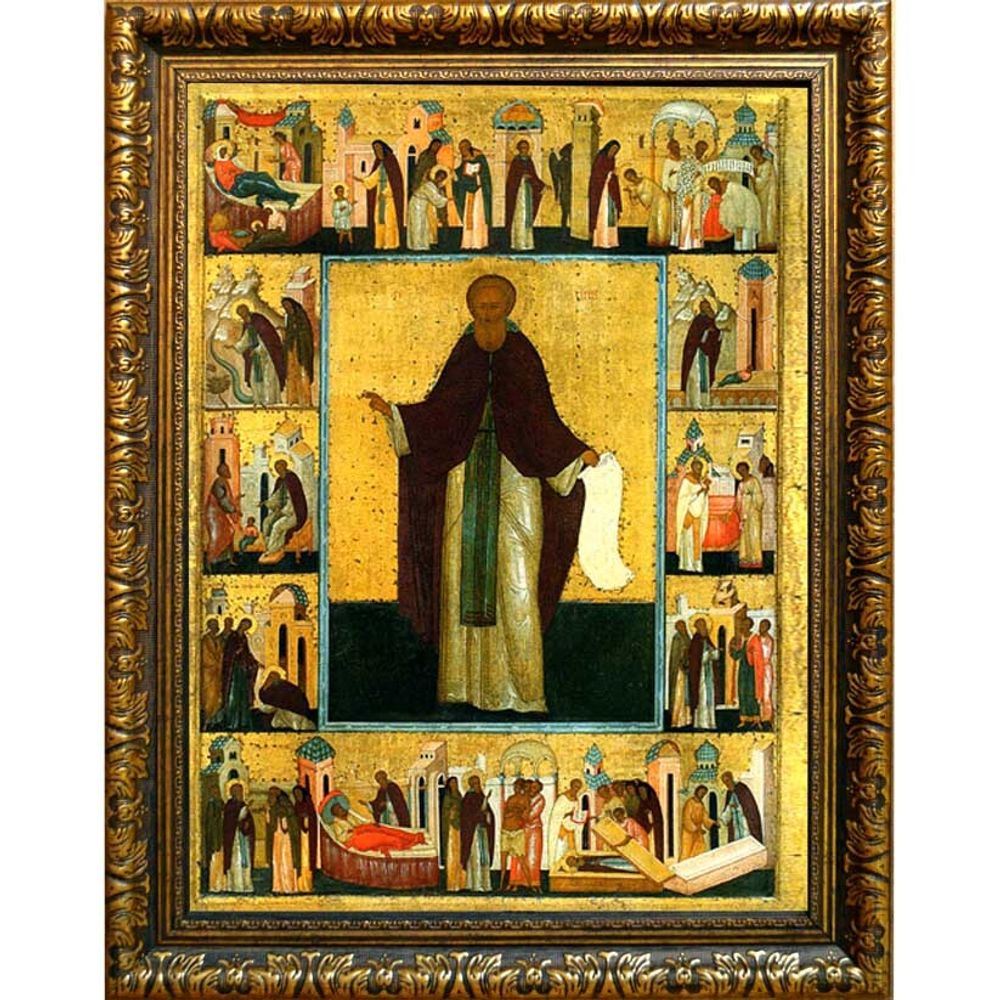 Сергий Радонежский в житии. Икона на холсте.