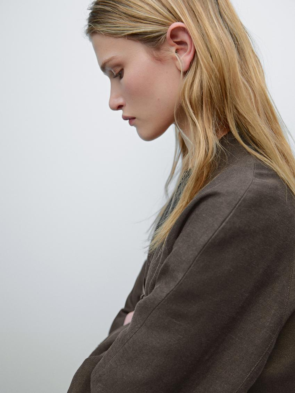 Massimo Dutti Куртка из смесового льна с кожаной застежкой, шоколадный