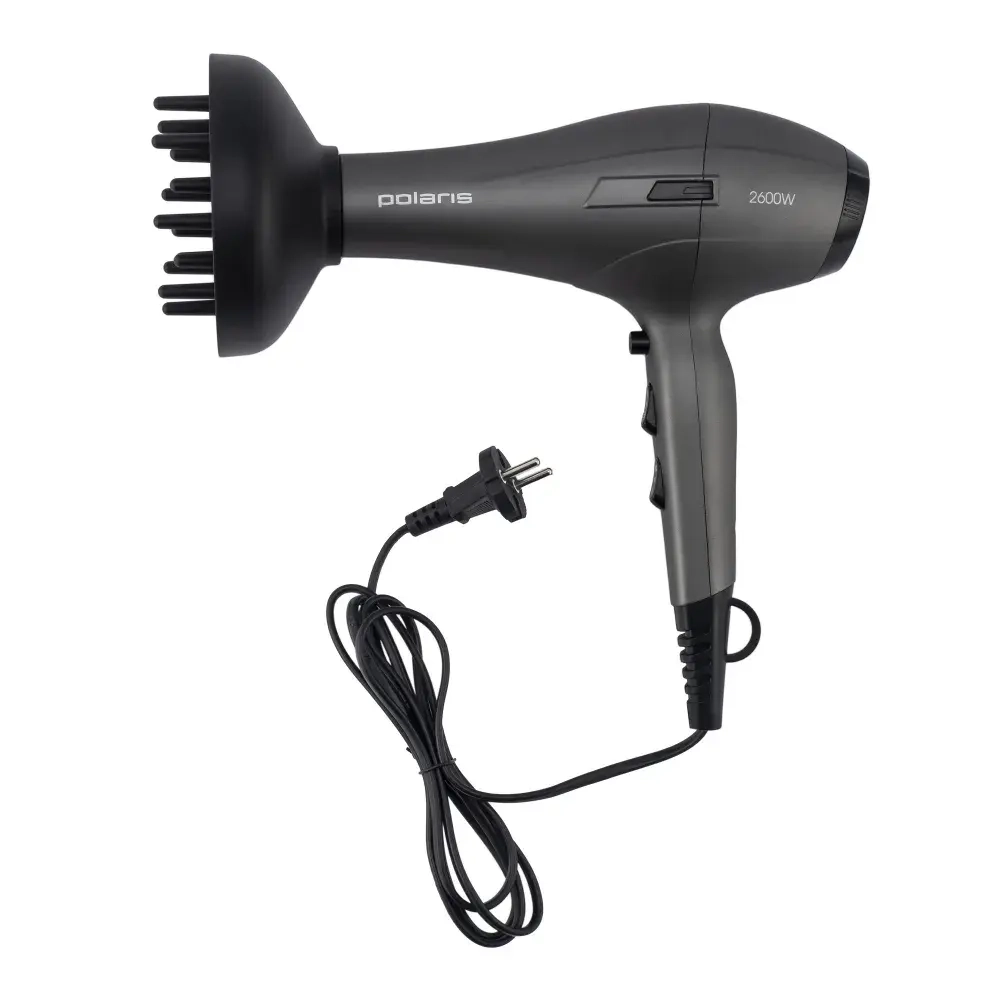 Фен для волос Polaris PHD 2600ACi Salon Hair с насадками концентратор и диффузор, серый
