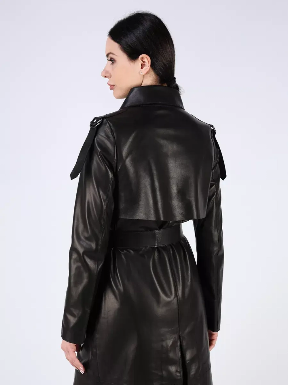 Кожаный тренч длинный с поясом плащ на осень