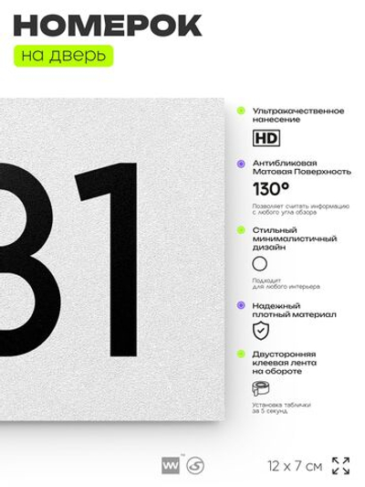 Номер на дверь 931, табличка на дверь для офиса, квартиры, кабинета, аудитории, склада, белая 120х70 мм, Айдентика Технолоджи