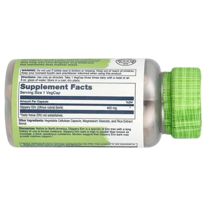 Красный вяз, Solaray Slippery Elm, 400 мг, 100 вегетарианских капсул 2