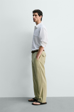 ZARA БРЮКИ STRAIGHT FIT С ЭФФЕКТОМ ПОТЕРТОСТИ, ЛИНЯЛЫЙ ЗЕЛЕНЫЙ