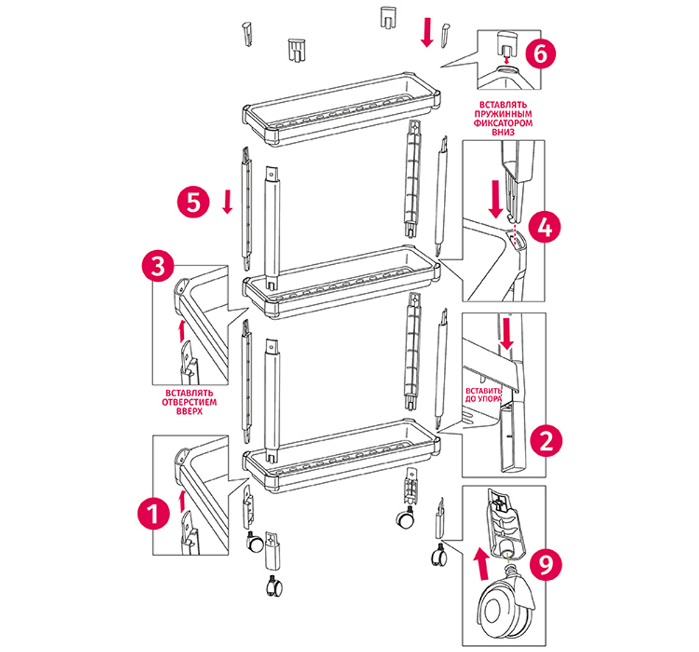 Этажерка узкая на колесах (3 секции) 530x170x140 полки с бортиками М2704
