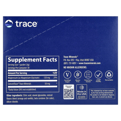 Trace, глицинат магния, в порошке, со вкусом апельсина, 30 пакетиков по 3 г (0,11 унции)