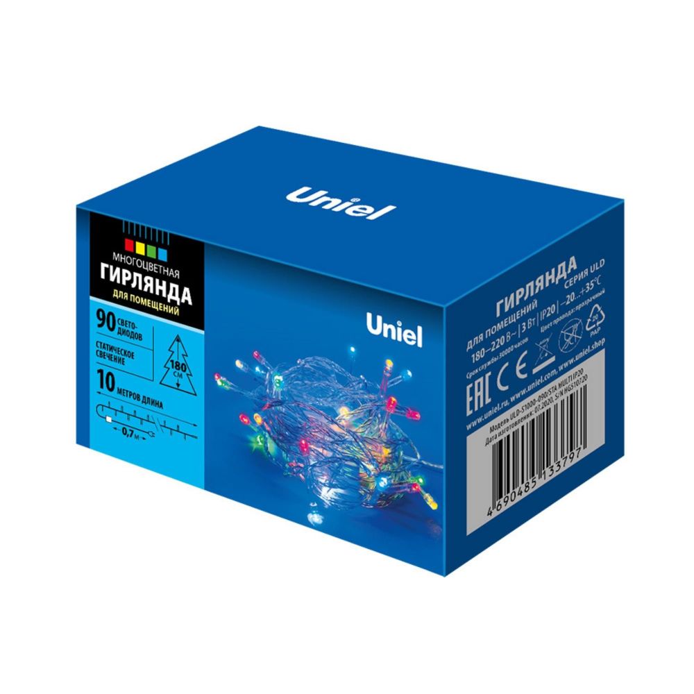 ULD-S1000-090-STA MULTI IP20 Гирлянда светодиодная. 10м. 90 светодиодов. Разноцветный свет. Провод прозрачный. ТМ Uniel